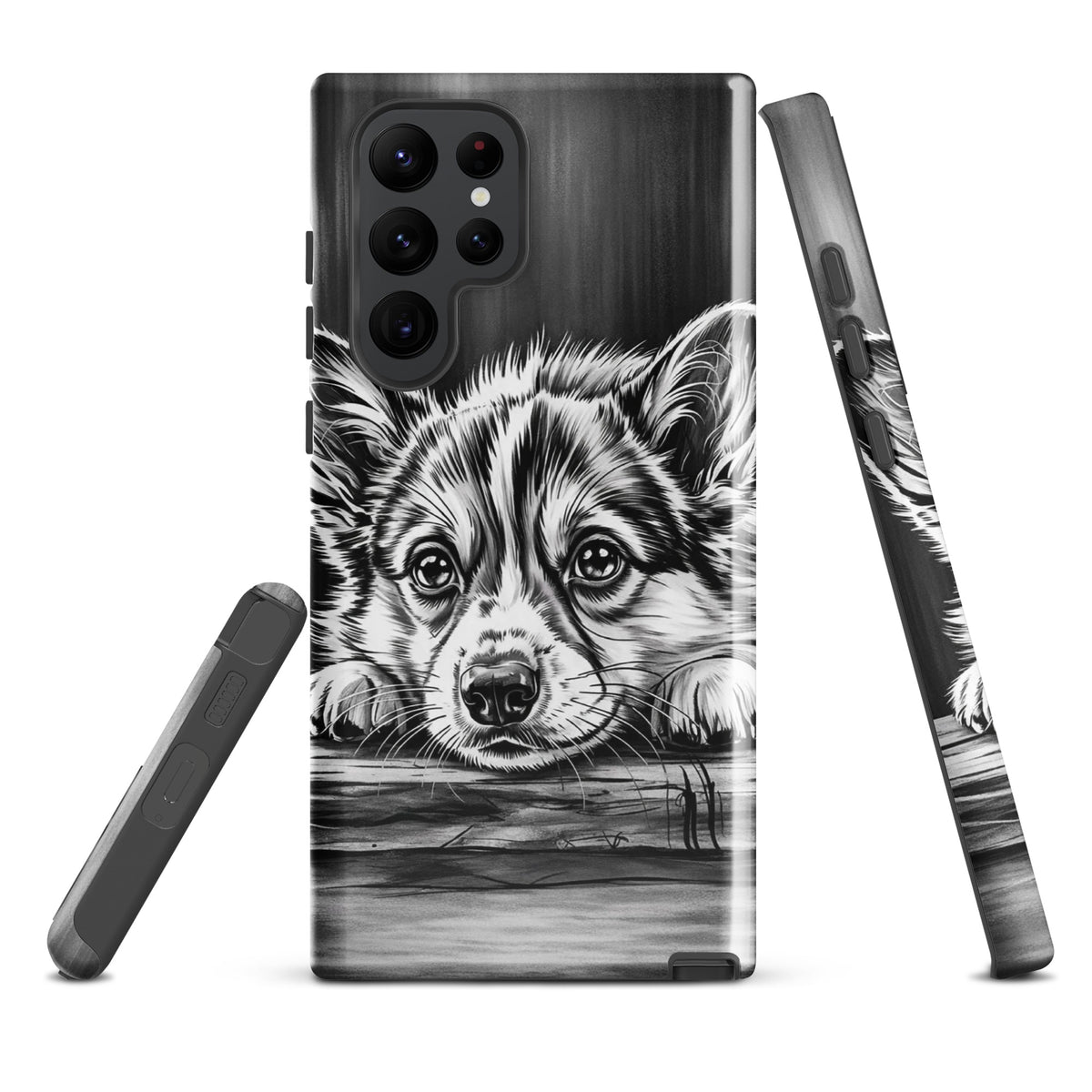Elegant puppy art Phone Case for Samsung Galaxy with premium protection and black-and-white design.