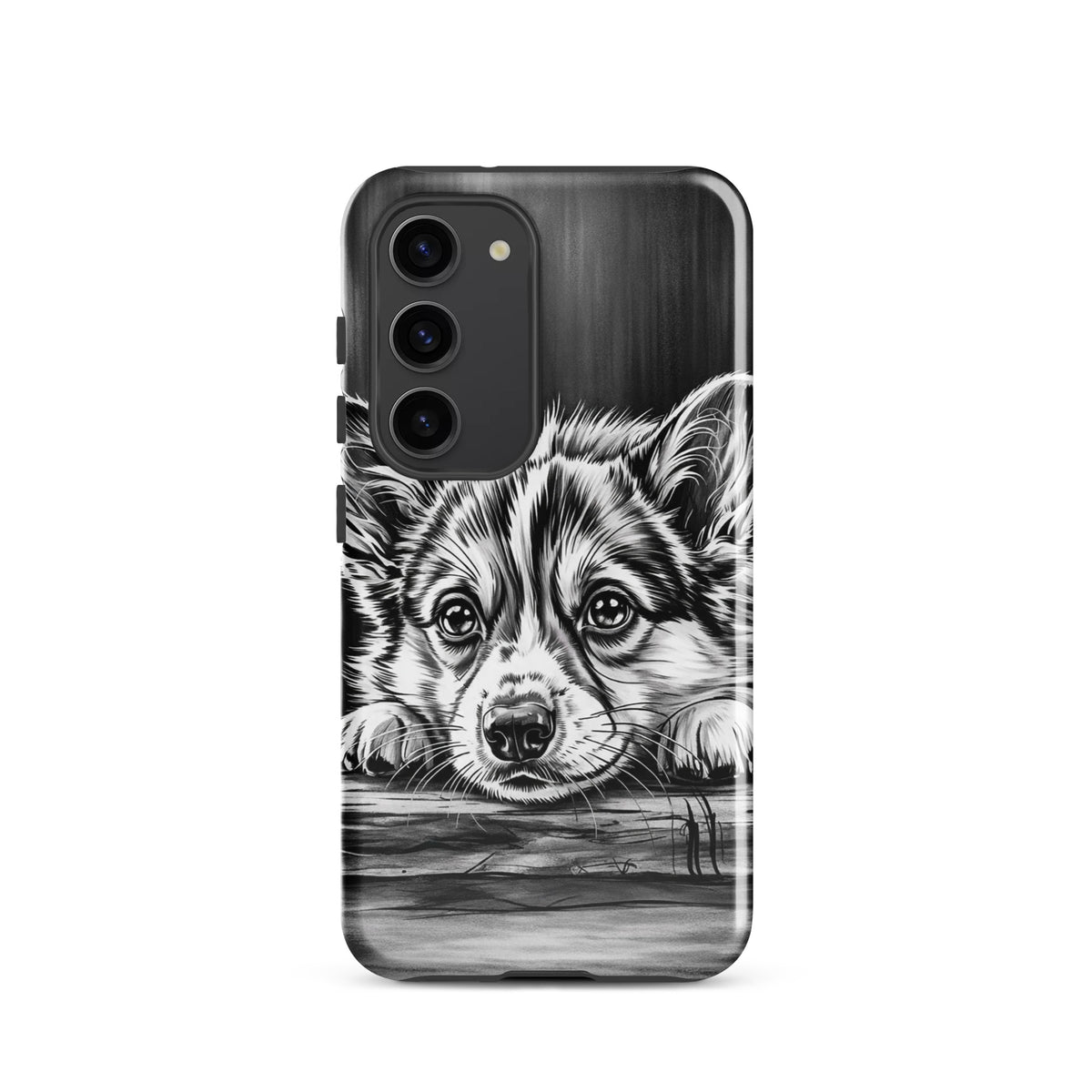 Phone Case for Samsung Galaxy with elegant puppy art illustration resting on aged wood, offering luxury and protection.