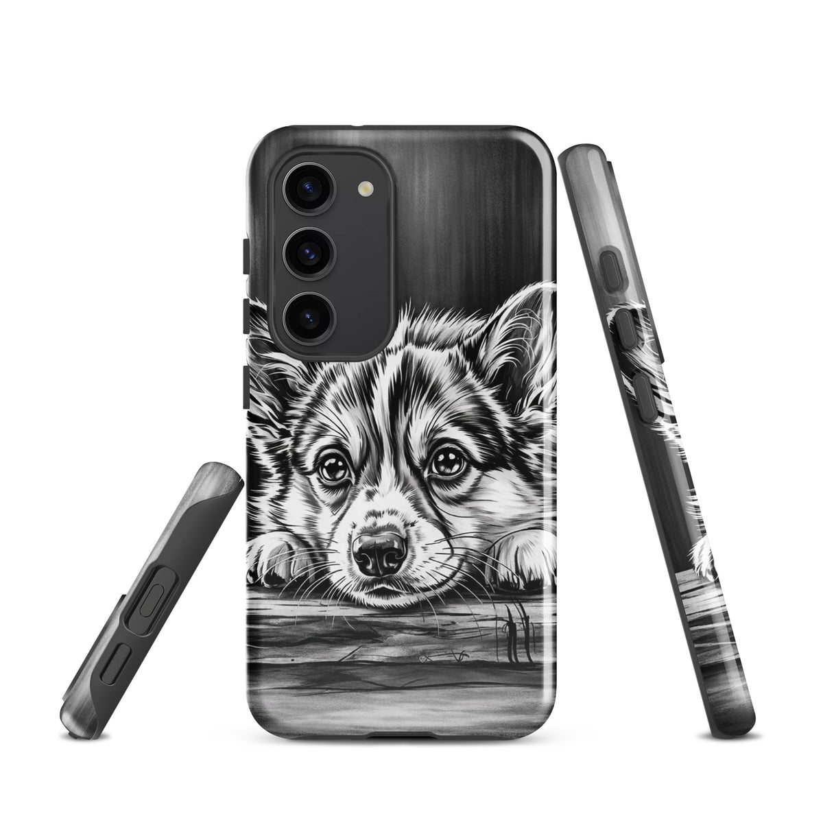 Phone Case for Samsung Galaxy with elegant black and white puppy art on wood background, offering premium protection and style.