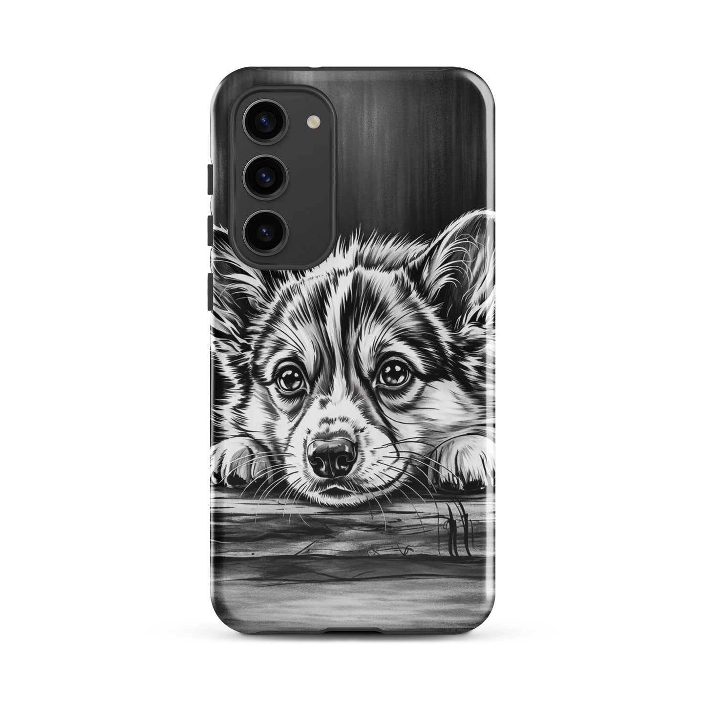 Phone Case for Samsung Galaxy with elegant black-and-white puppy illustration on aged wood background, offering style and protection.