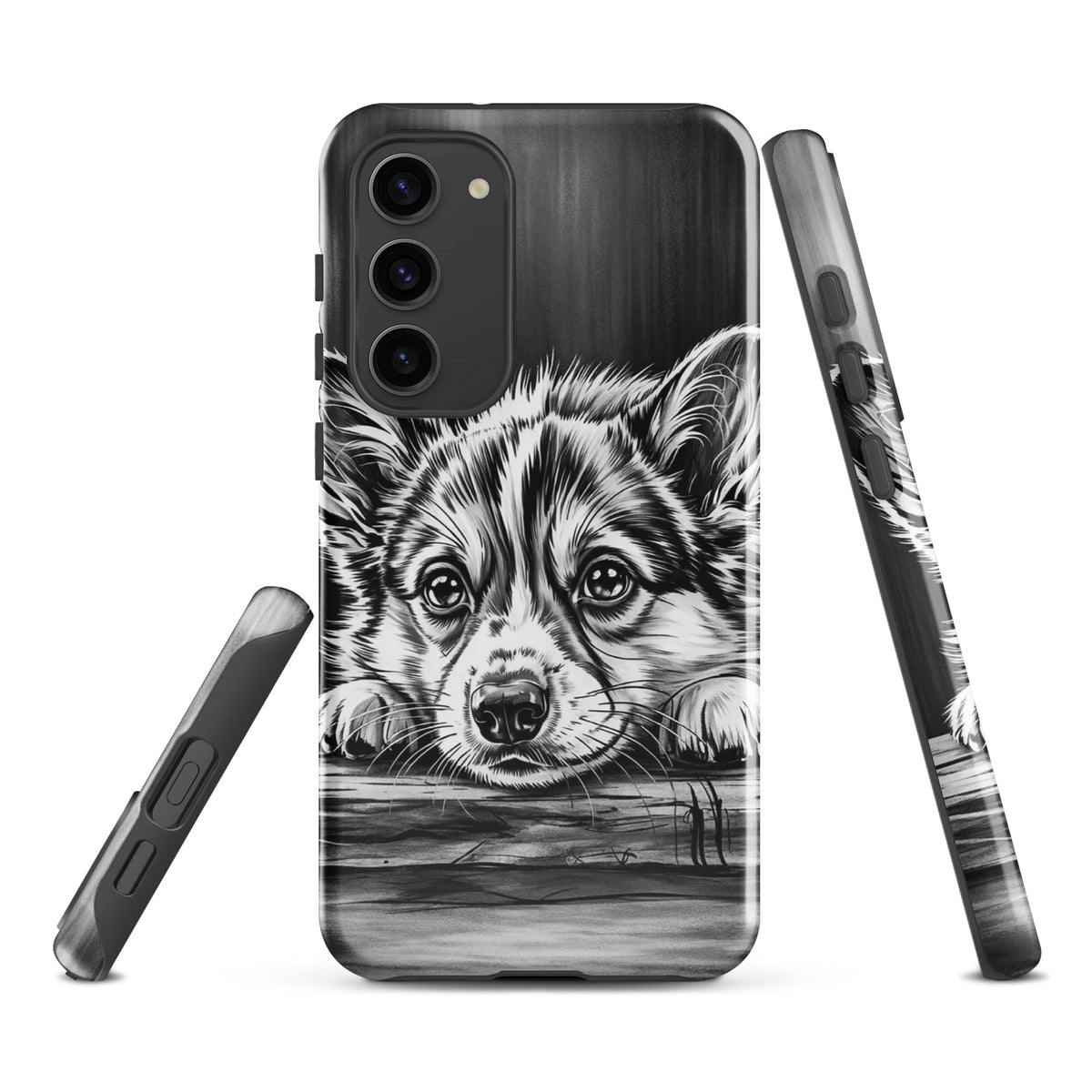 Phone Case for Samsung Galaxy with elegant puppy art in black and white, displaying premium protection and timeless design.