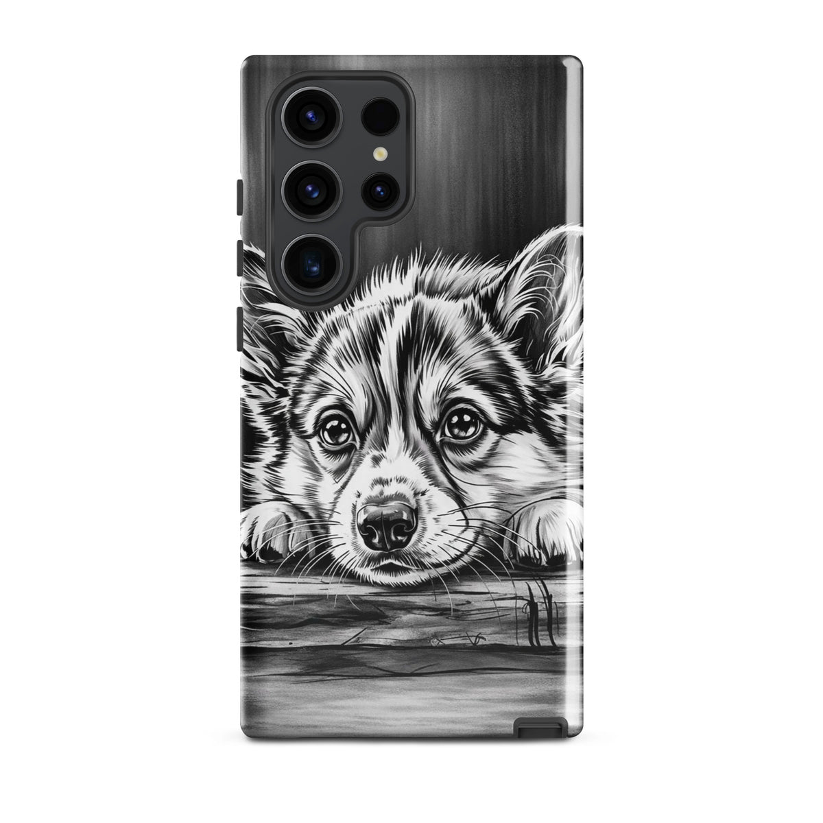 Phone Case for Samsung Galaxy with elegant black-and-white puppy art illustration and premium protection