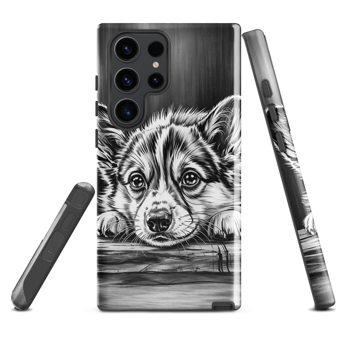 Phone Case for Samsung Galaxy featuring elegant black-and-white puppy illustration on wood pattern background.