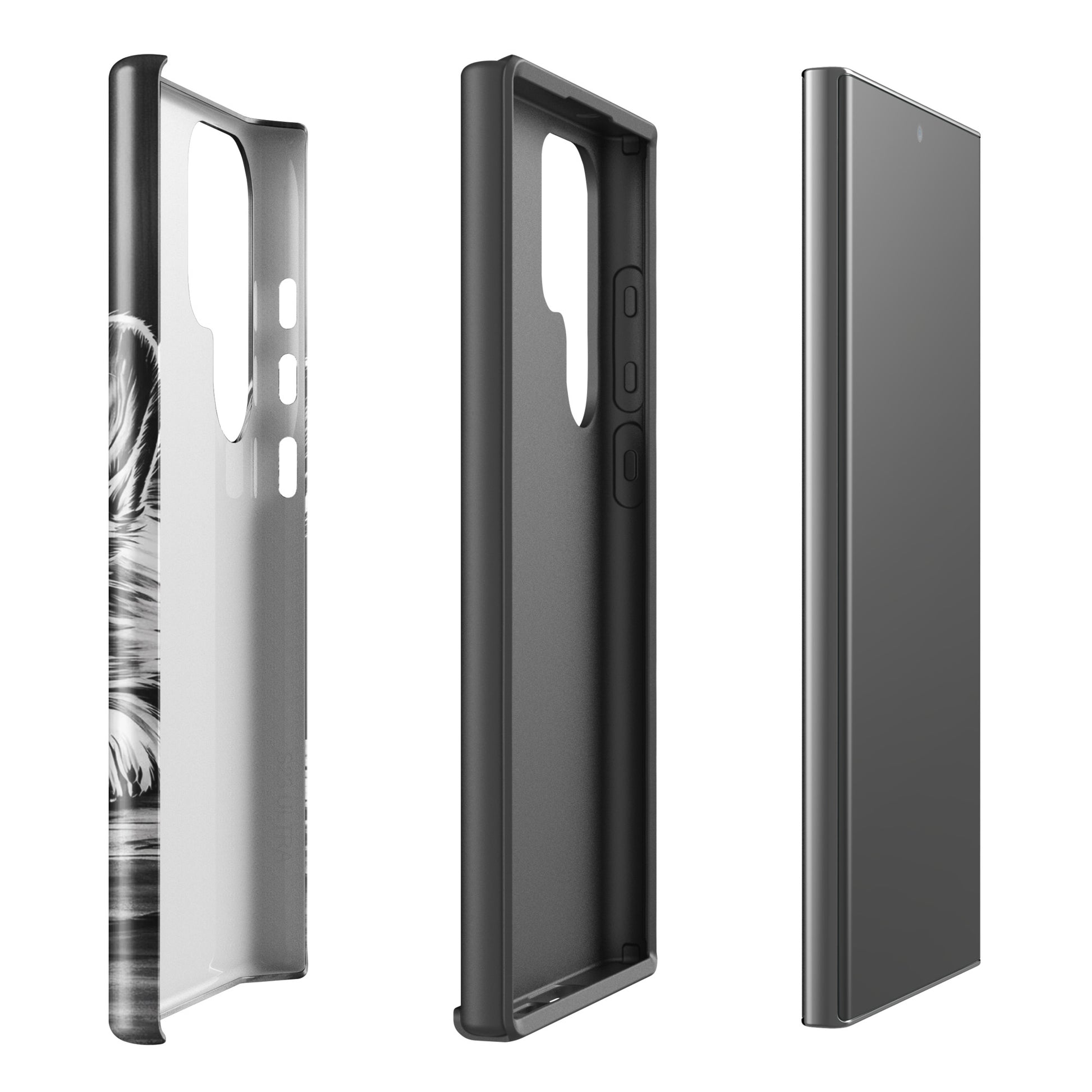 Phone Case for Samsung Galaxy with elegant black-and-white puppy art offering stylish protection, shown in multiple views.