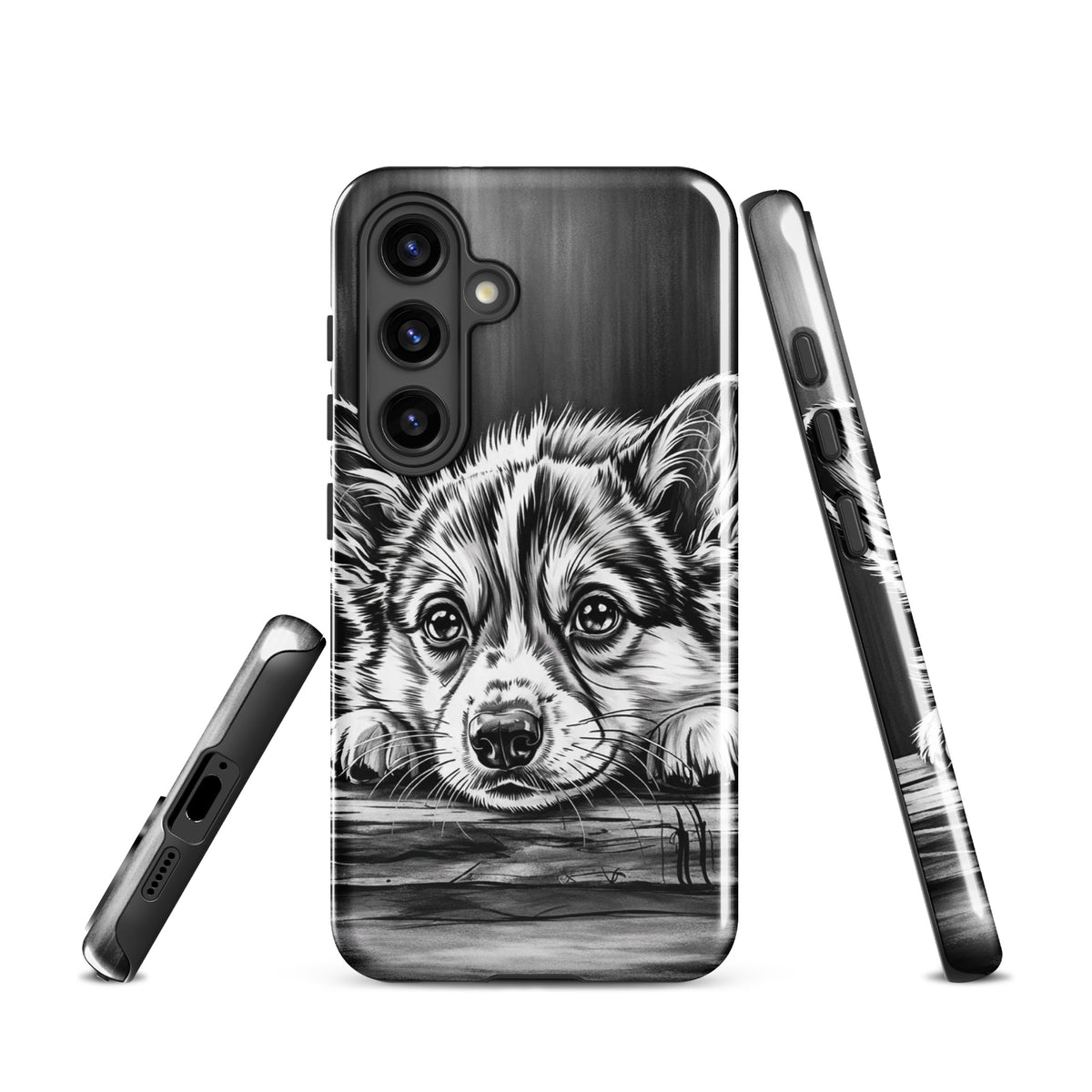 Phone Case for Samsung Galaxy with elegant puppy art, featuring a black-and-white illustration of a puppy on aged wood background.