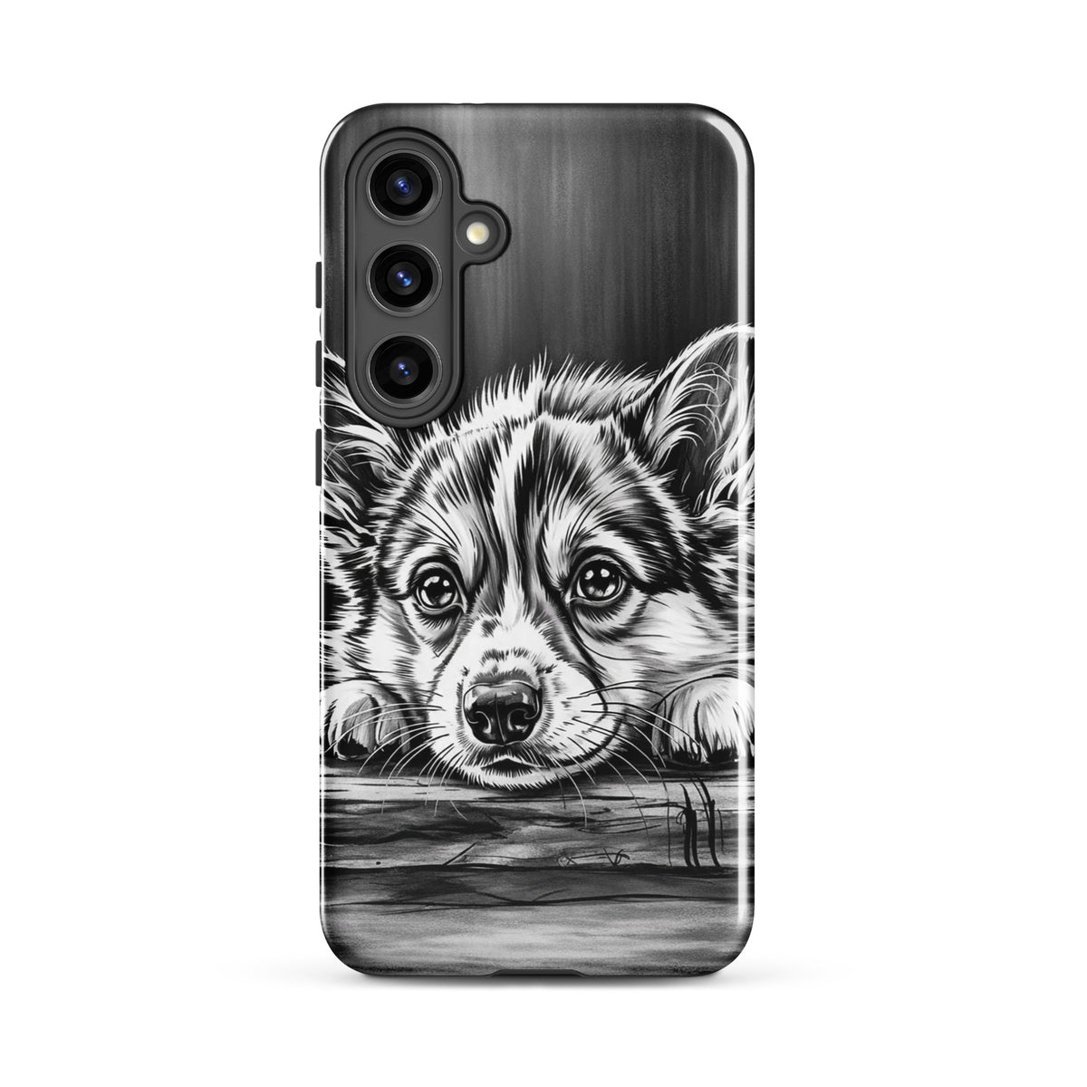 Phone Case for Samsung Galaxy with elegant black-and-white puppy art on aged wood background.