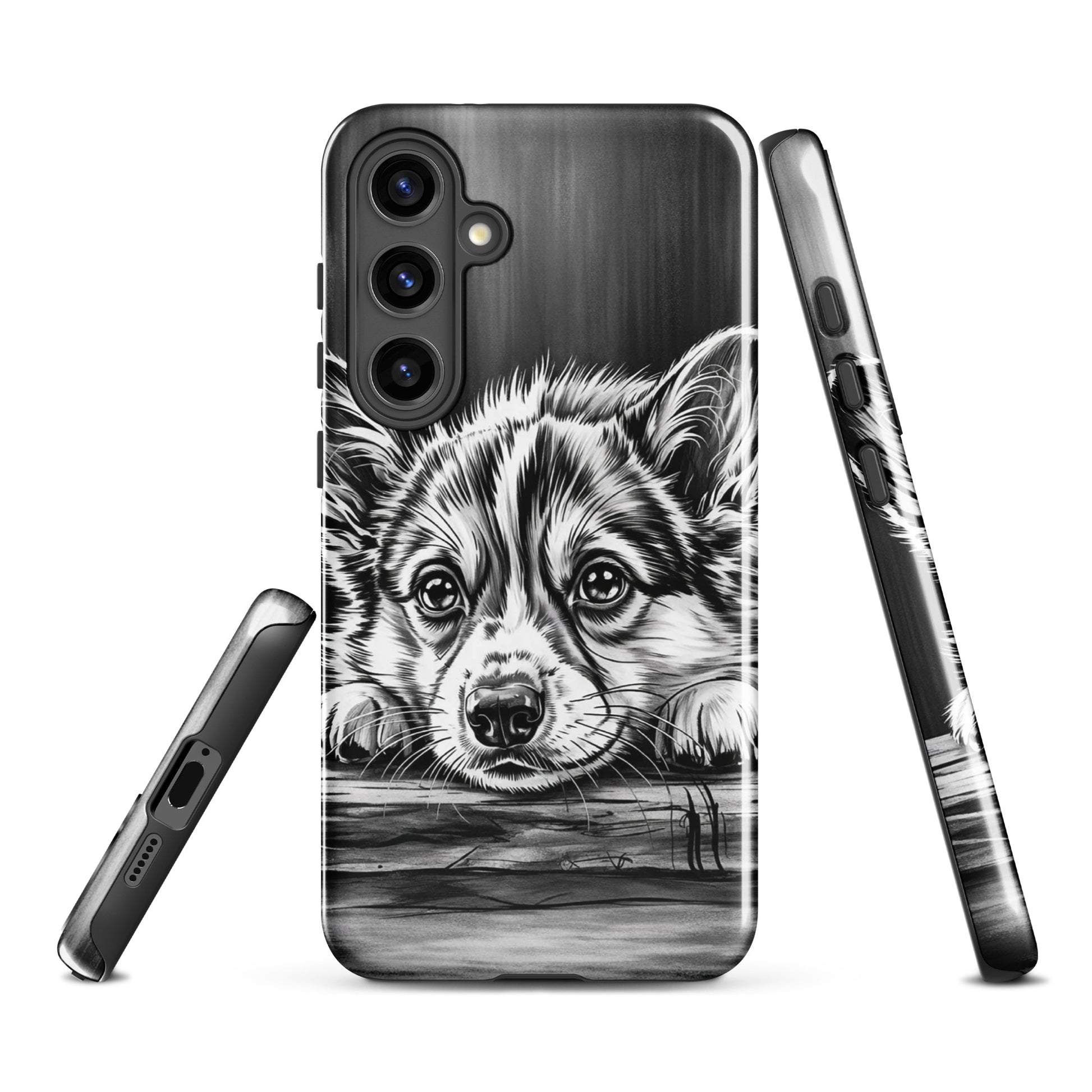 Phone Case for Samsung Galaxy with elegant puppy art on a black-and-white illustration, offering premium protection and style.