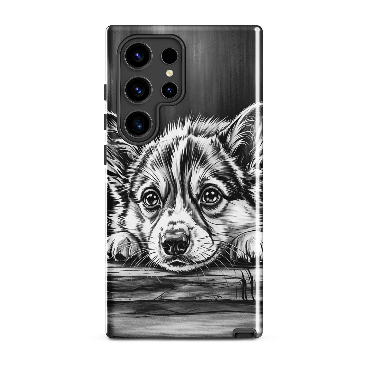 Phone Case for Samsung Galaxy with elegant puppy art on aged wood background