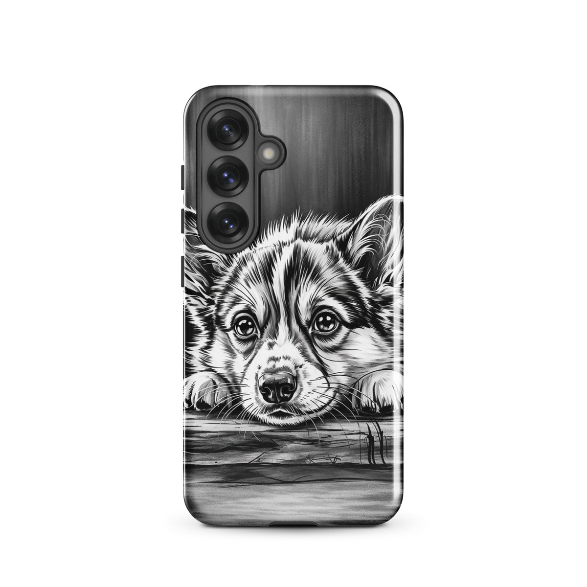 Phone Case for Samsung Galaxy with elegant puppy art, featuring a black-and-white puppy illustration on aged wood for premium protection.