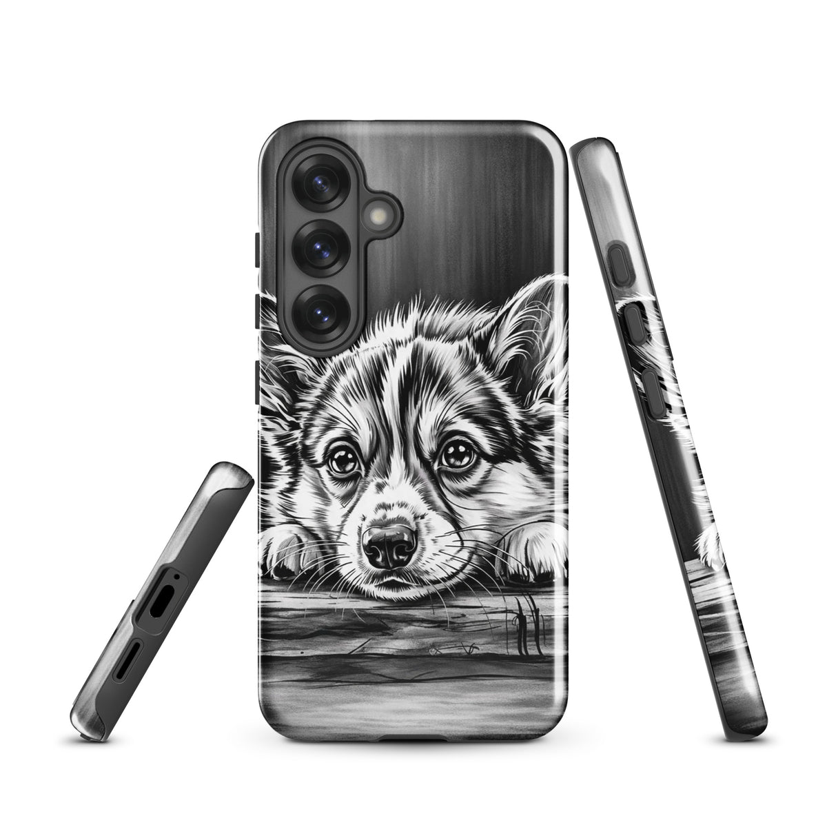 Phone Case for Samsung Galaxy featuring elegant black-and-white puppy art design with wooden background for luxury protection.