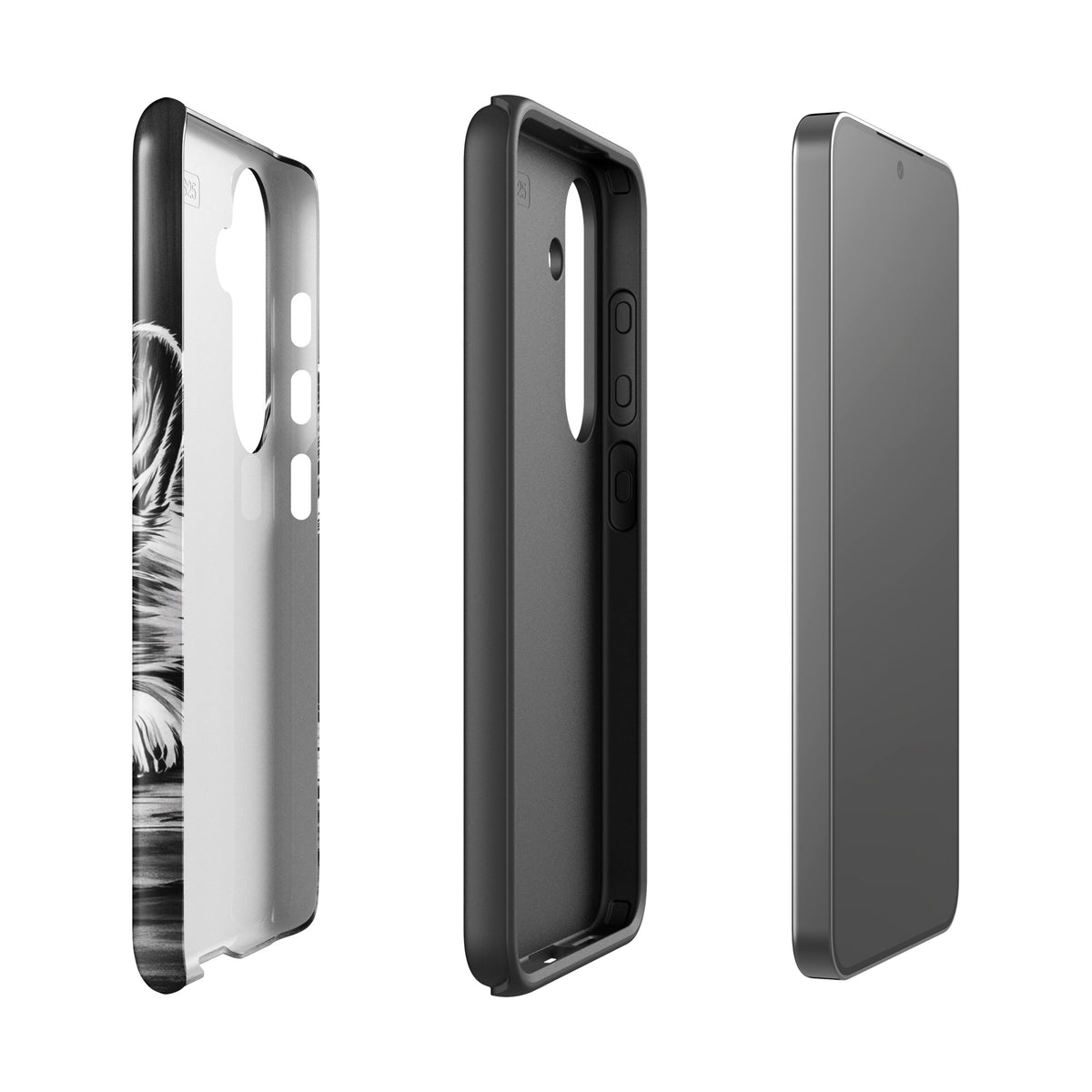 Phone Case for Samsung Galaxy with elegant puppy art, showcasing protective back, sides, and front views in monochrome design.