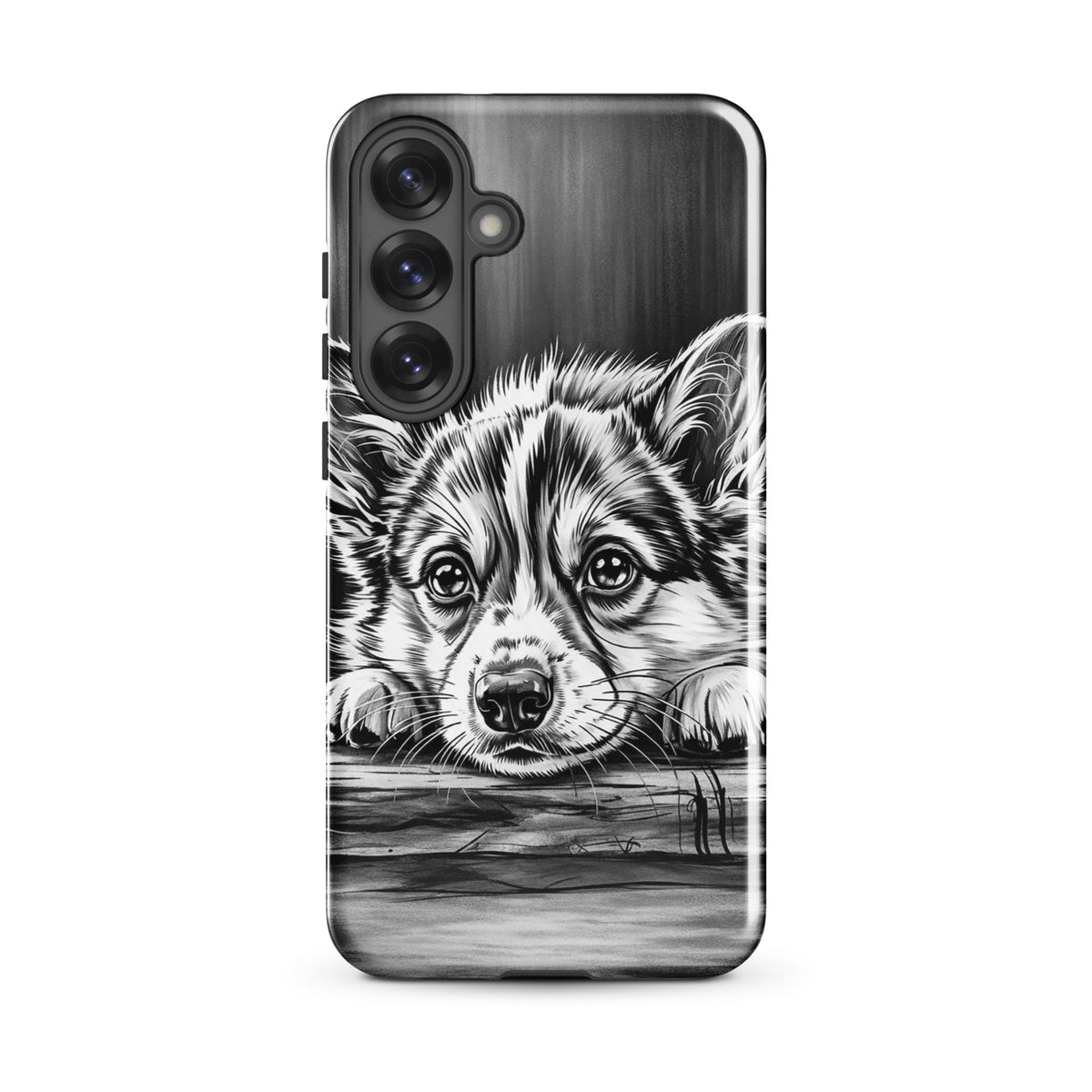 Phone Case for Samsung Galaxy featuring elegant puppy art on aged wood, offering luxury protection in black-and-white illustration.