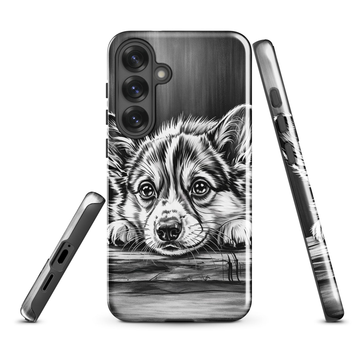 Phone Case for Samsung Galaxy with elegant puppy art illustration in black-and-white, blending artistic charm with premium protection.