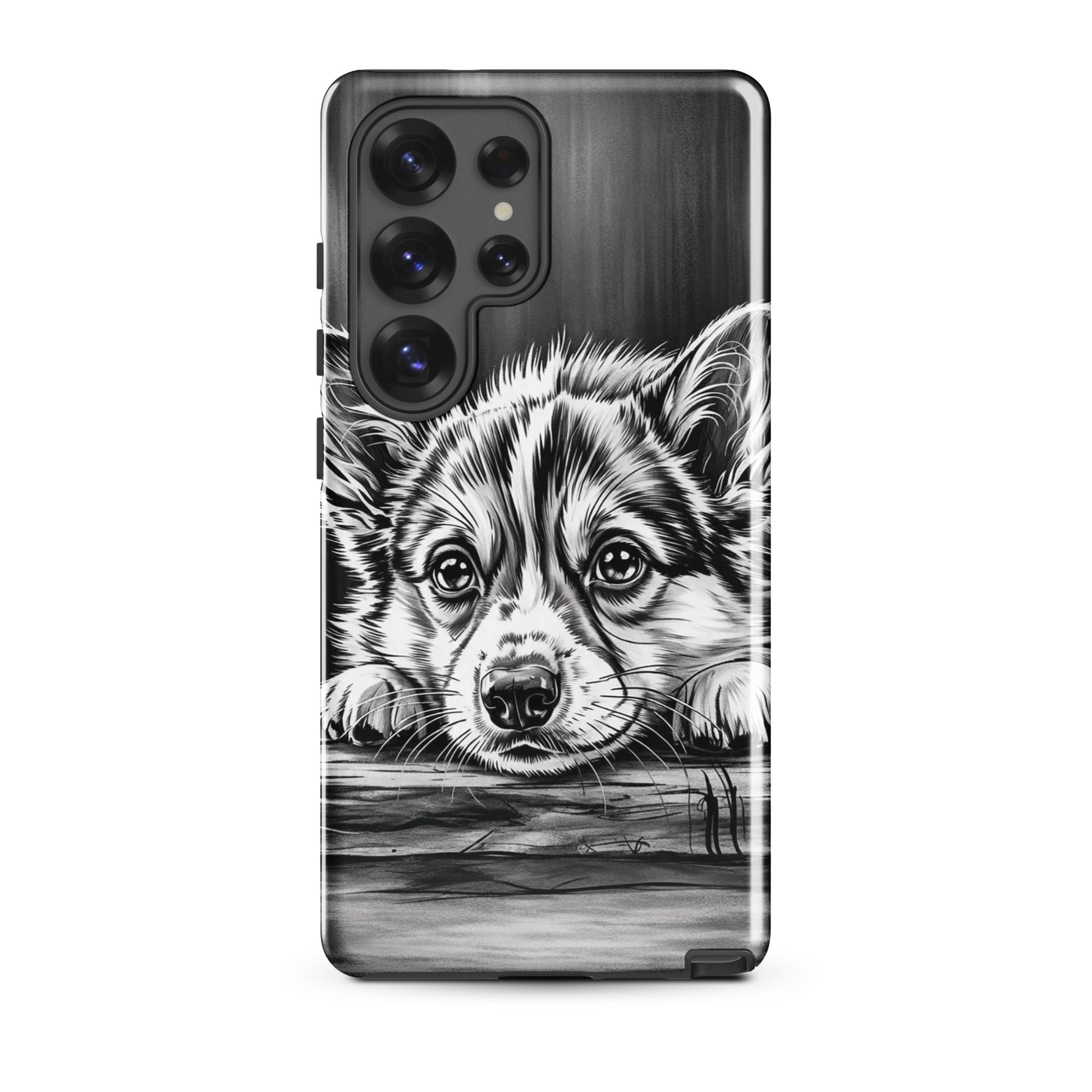 Phone Case with elegant puppy art for Samsung Galaxy, featuring a black-and-white illustration of a puppy on aged wood. Premium protection.