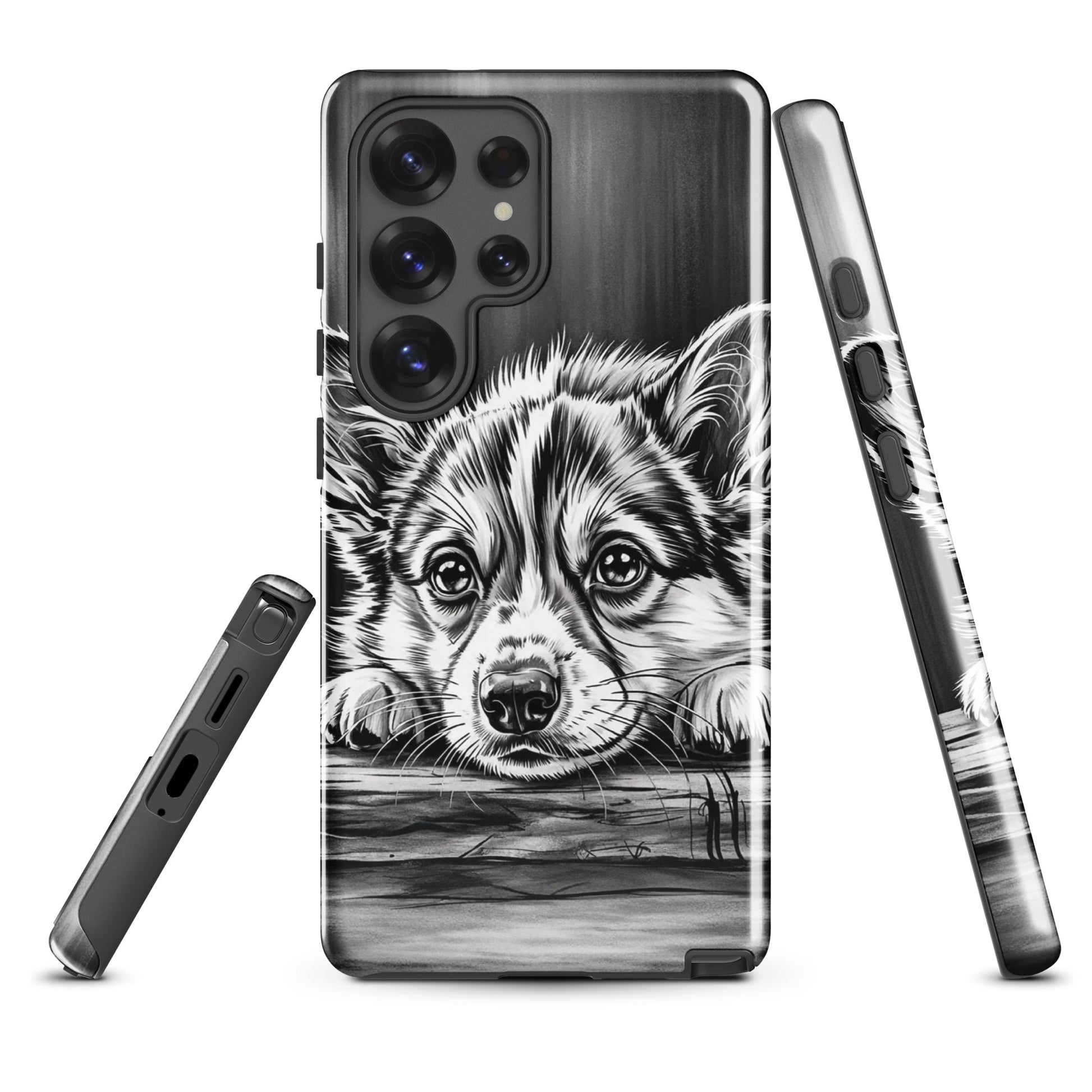 Phone Case for Samsung Galaxy with elegant puppy art and premium protection in black-and-white, showcasing a puppy on aged wood.