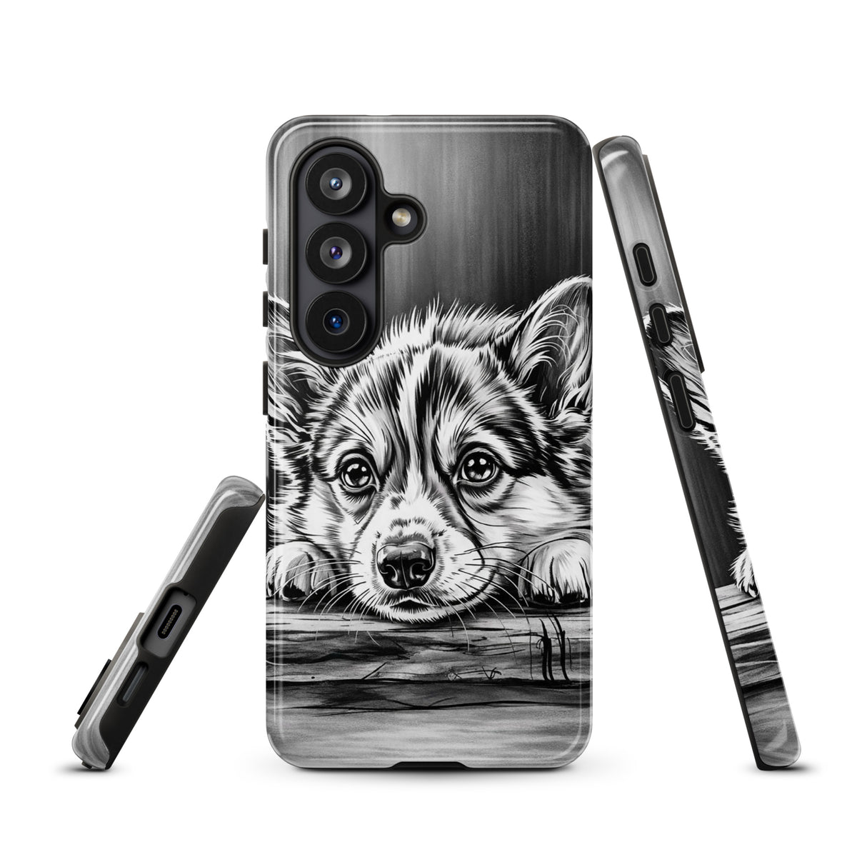 Phone Case for Samsung Galaxy with elegant puppy art, offering protection and style in black-and-white design.