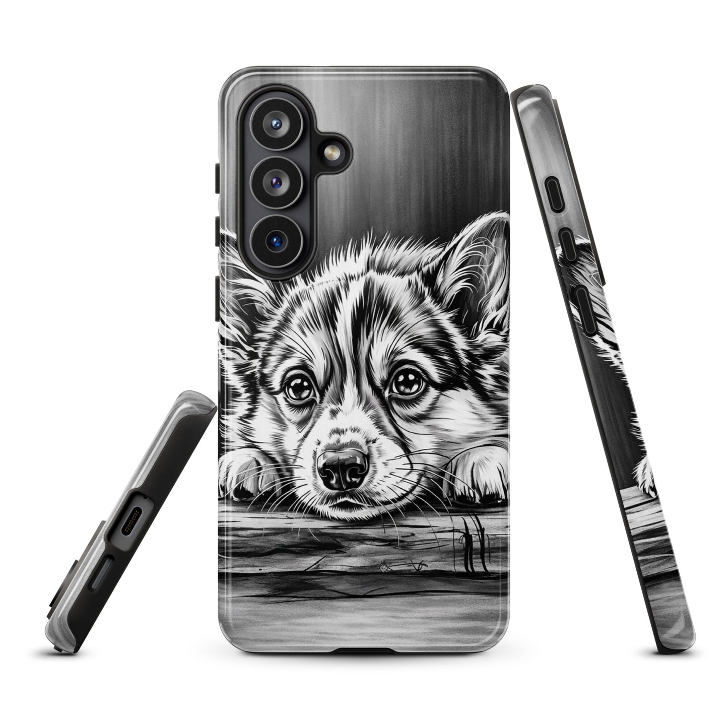 Phone Case for Samsung Galaxy with elegant black-and-white puppy art illustration, offering premium protection and artistic charm.