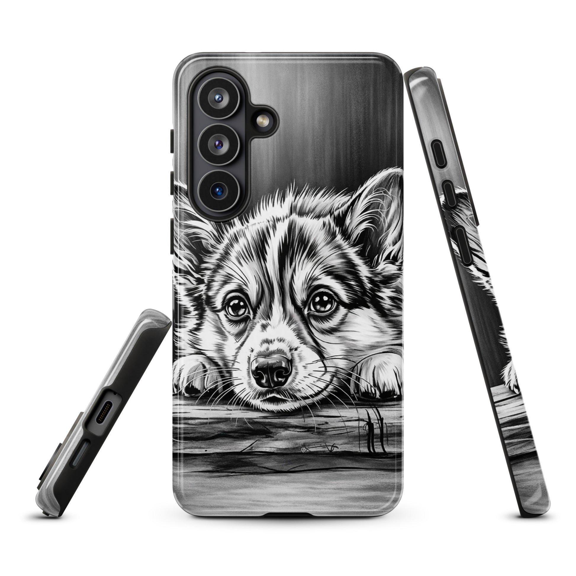 Phone Case for Samsung Galaxy with elegant black-and-white puppy art illustration, offering premium protection and artistic charm.