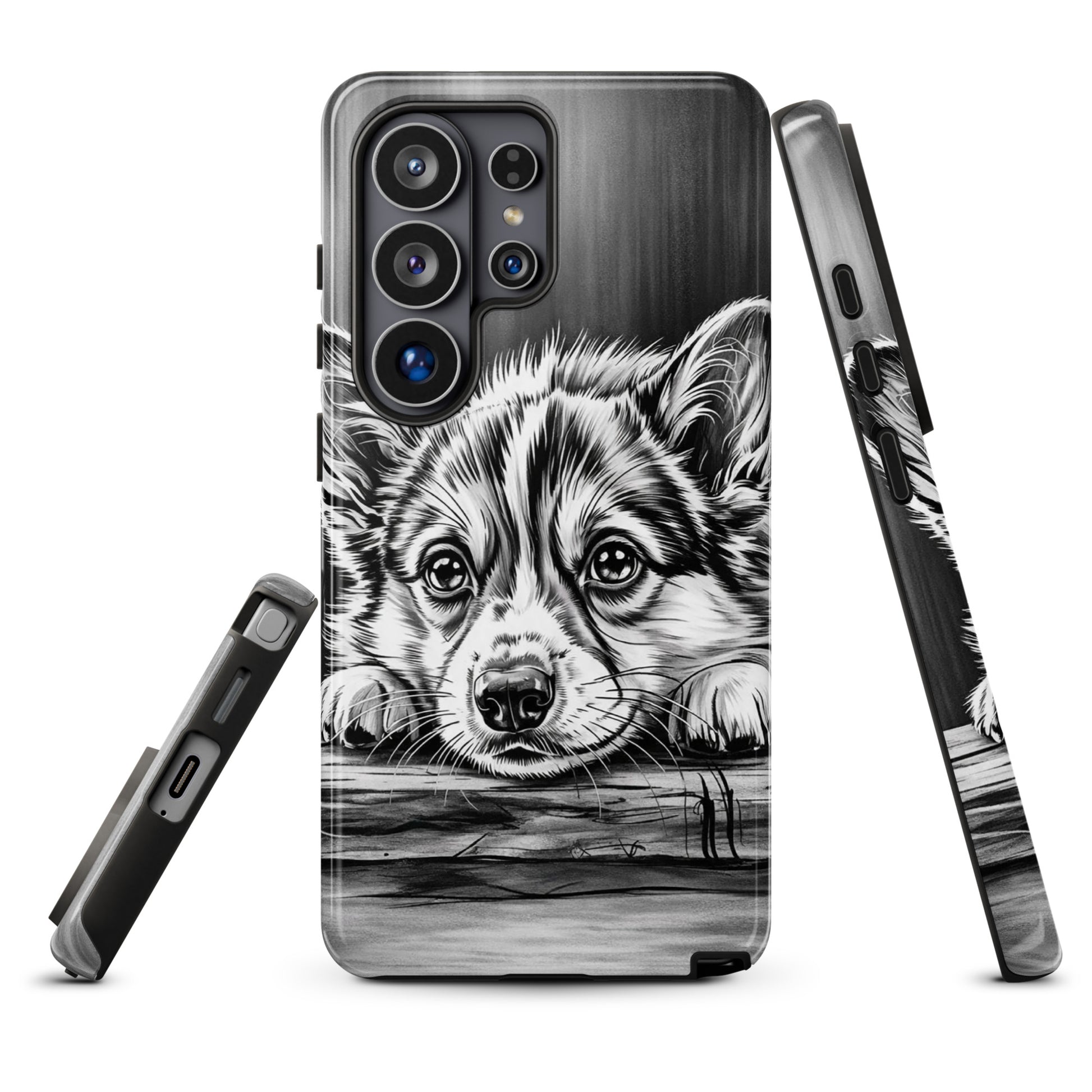 Phone Case for Samsung Galaxy with elegant black-and-white puppy art design for premium protection.