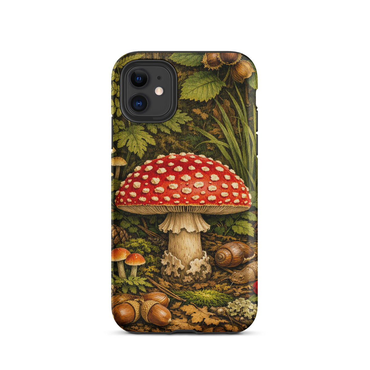 Phone Case with Amanita muscaria mushroom illustration in lush forest design for iPhone.