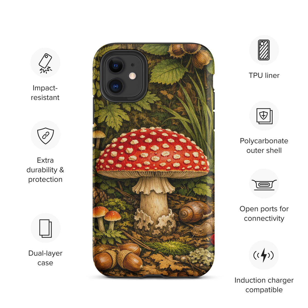 Phone Case featuring Amanita Muscaria mushroom with forest design, impact-resistant and durable for iPhone.