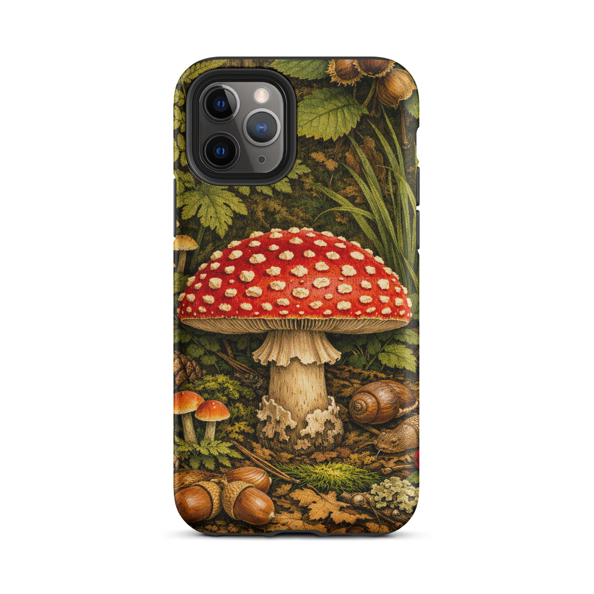 Phone Case with Amanita muscaria mushroom design in lush forest setting for iPhone, highlighting vivid detail and anatomical accuracy.