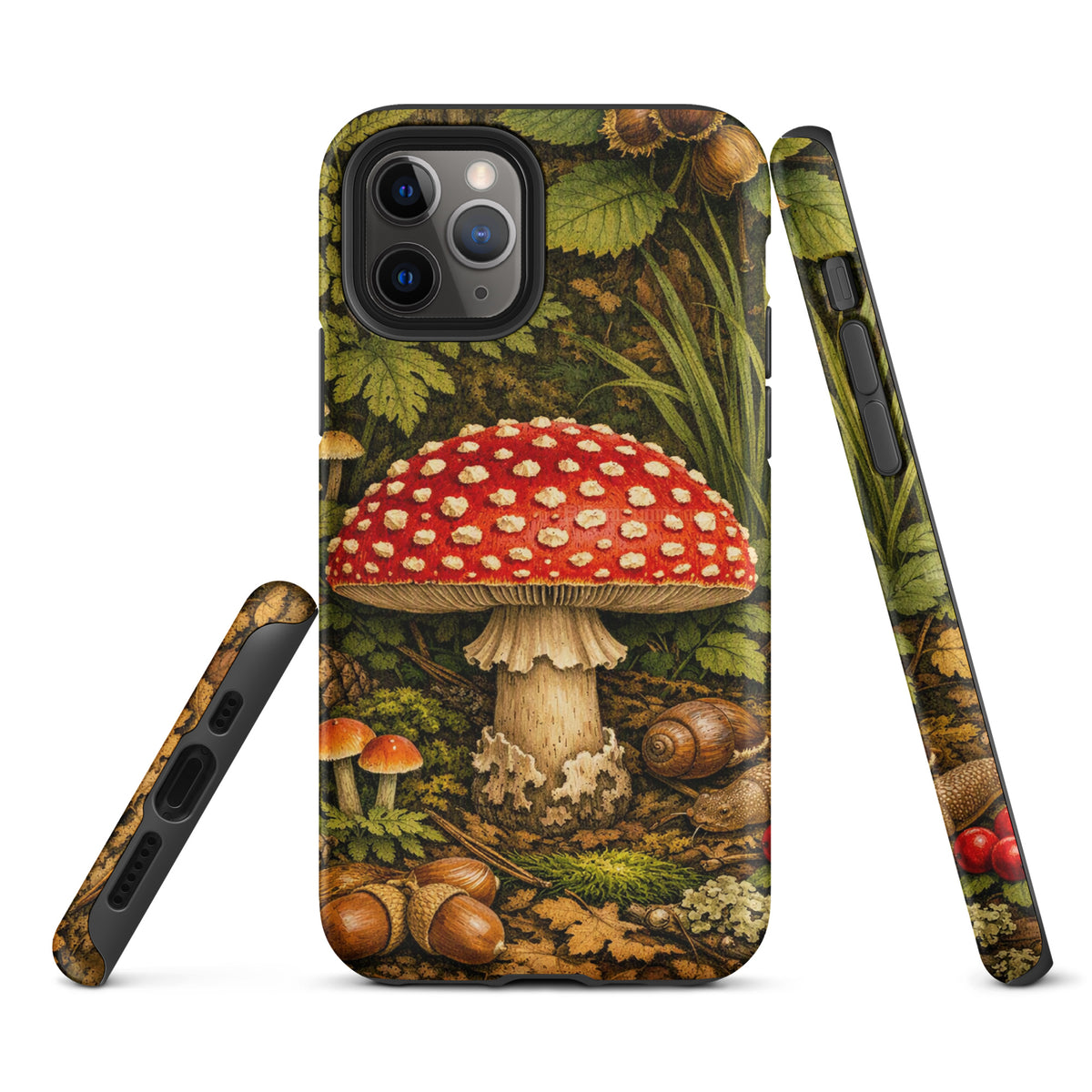 Phone Case featuring Amanita muscaria mushroom design in lush forest, compatible with iPhone, vivid colors and detailed illustration.