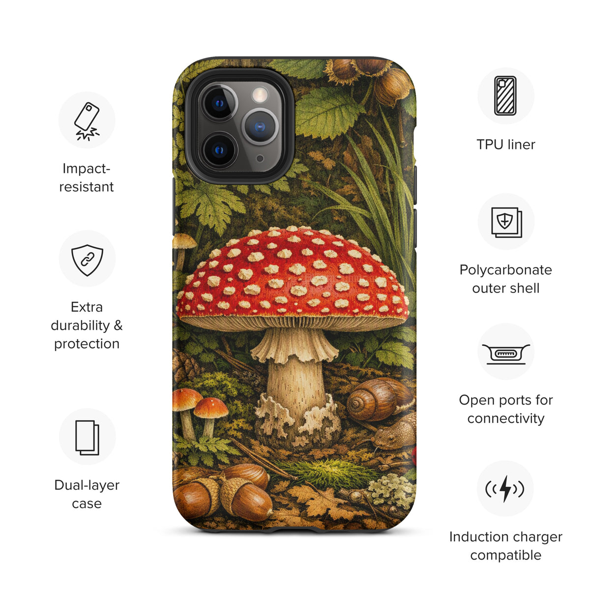 Phone Case with Amanita muscaria mushroom design in a lush forest, compatible with iPhone, featuring durable TPU and polycarbonate shells.