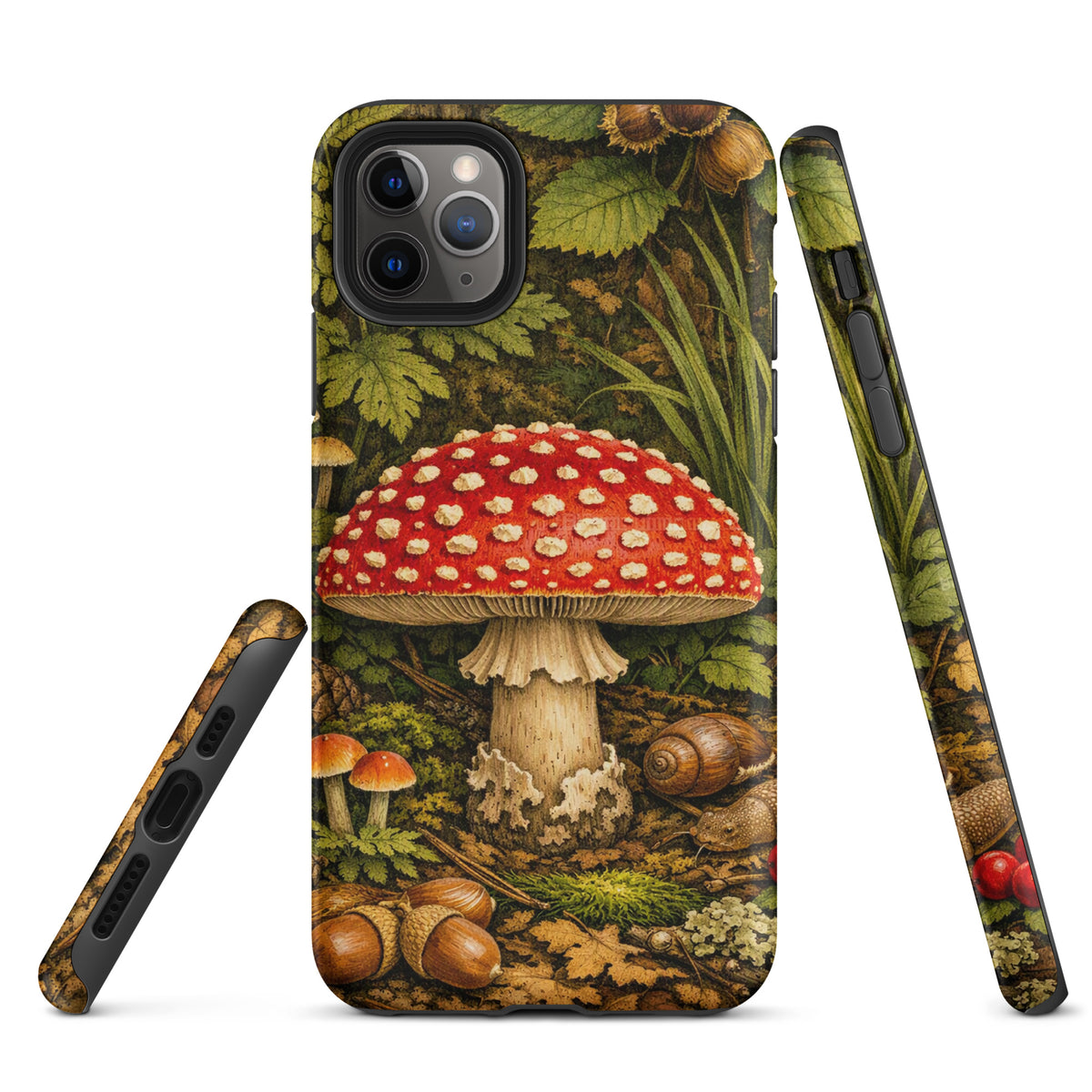 Phone Case featuring Amanita muscaria mushroom design in lush forest, iPhone accessory