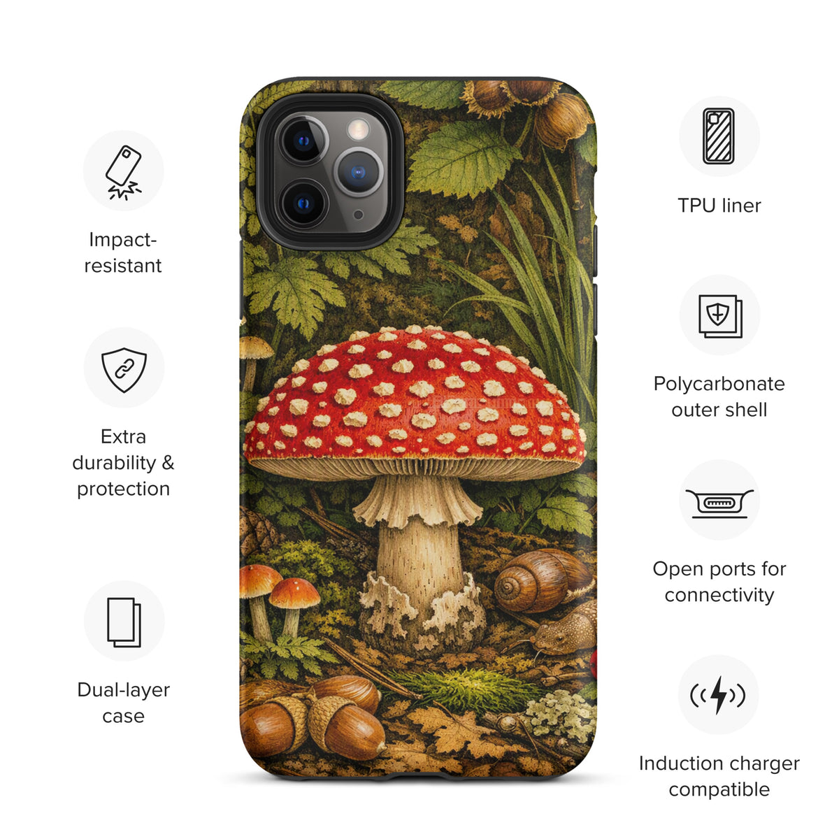 Phone Case for iPhone featuring Amanita muscaria mushroom design in lush forest. Impact-resistant, dual-layer protection. TPU liner.