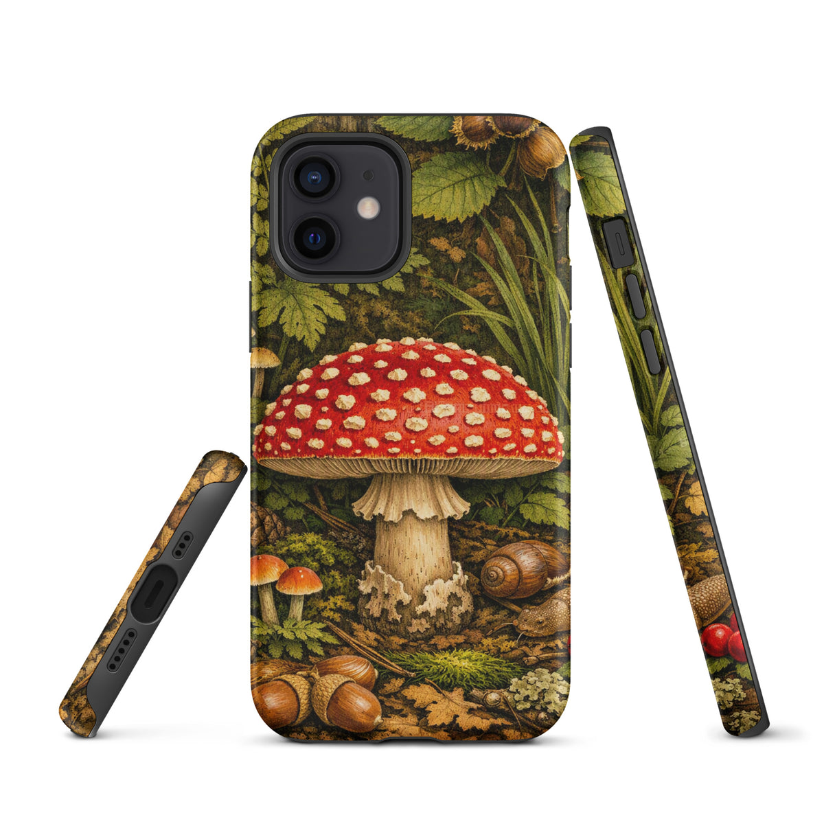 Phone Case for iPhone featuring Amanita muscaria mushroom illustration in lush forest setting. Stylish and protective design.