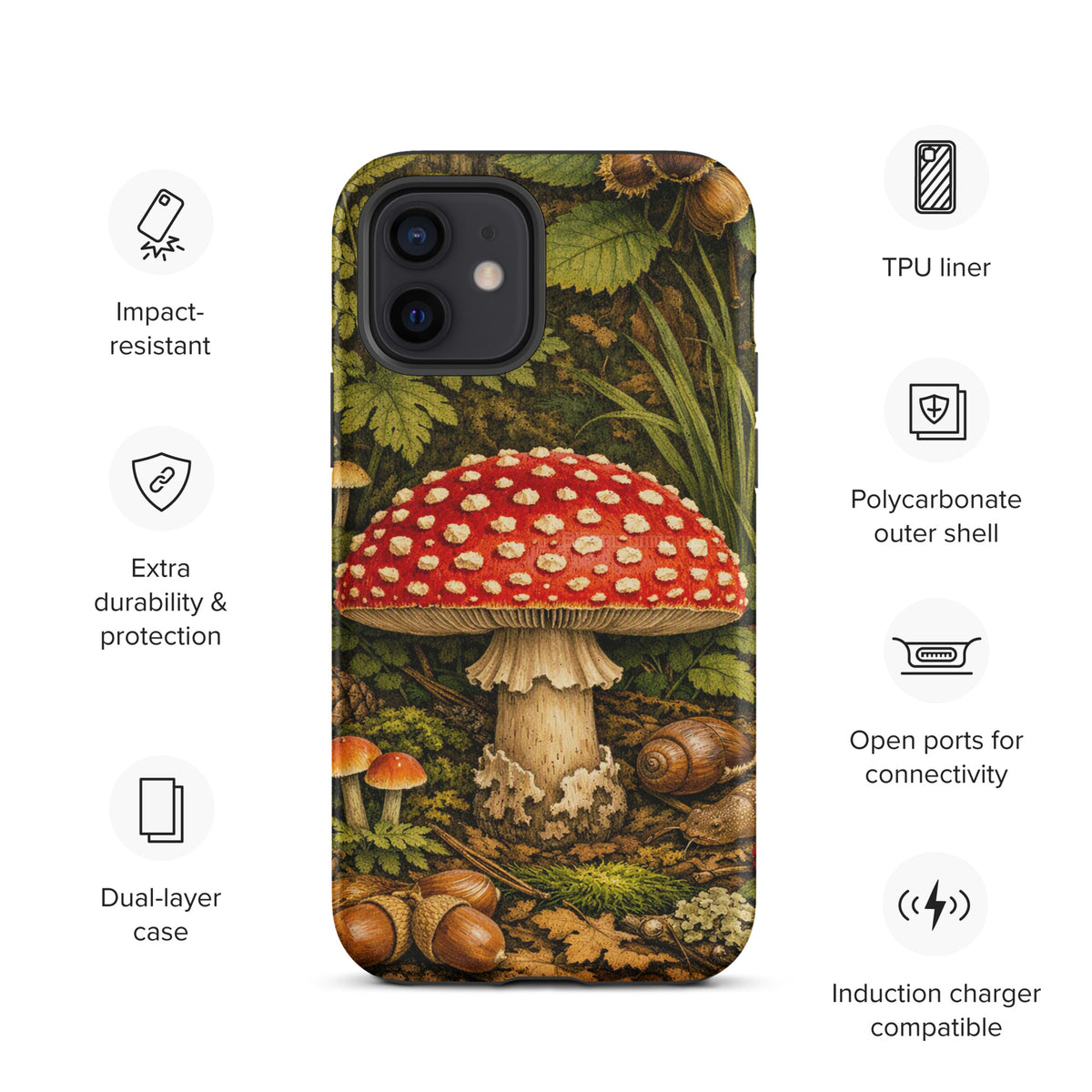 Phone Case for iPhone featuring Amanita muscaria mushroom design in a lush forest, highlighting detailed red and white mushroom illustration.