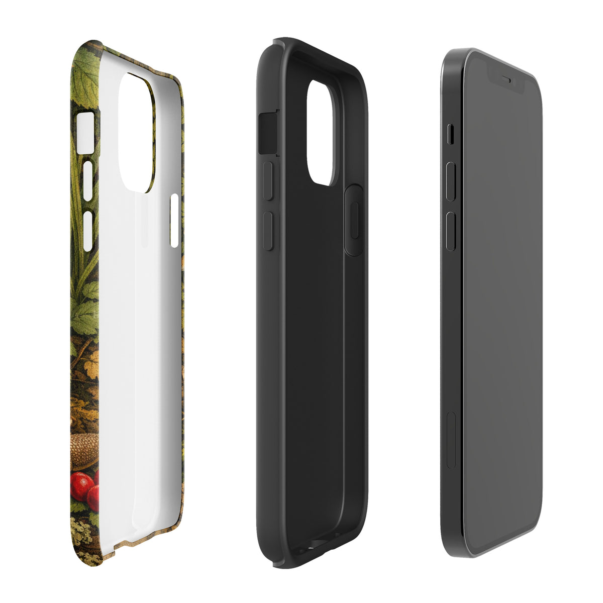 Phone Case for iPhone - Amanita Muscaria Mushroom design in lush forest theme, side and back views showcasing intricate details