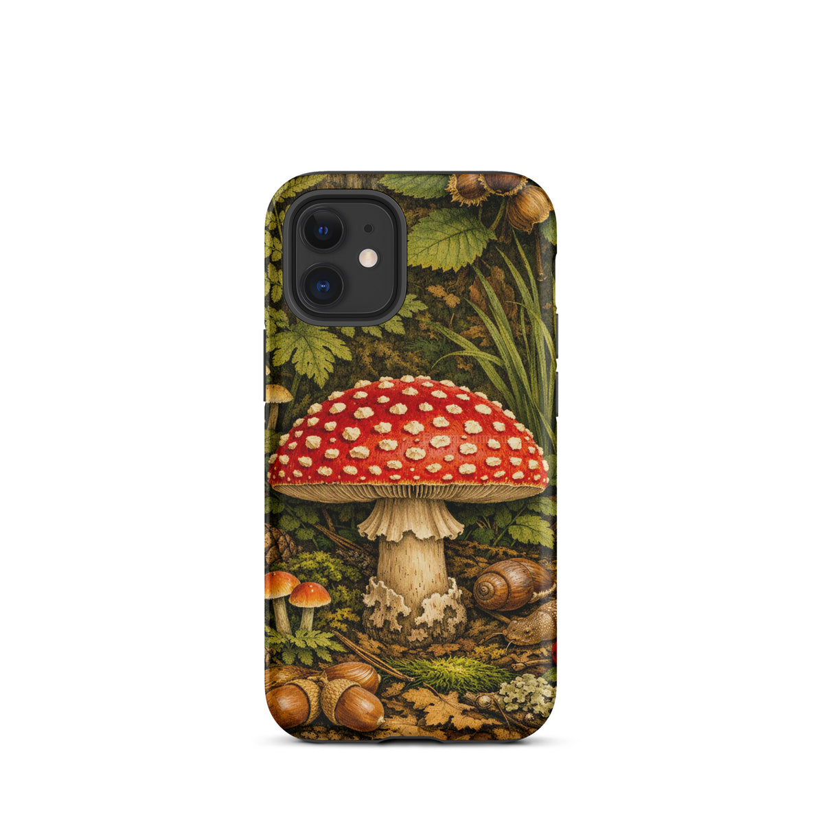 Phone Case with Amanita muscaria mushroom design in a lush forest, featuring vibrant red and white details for iPhone.