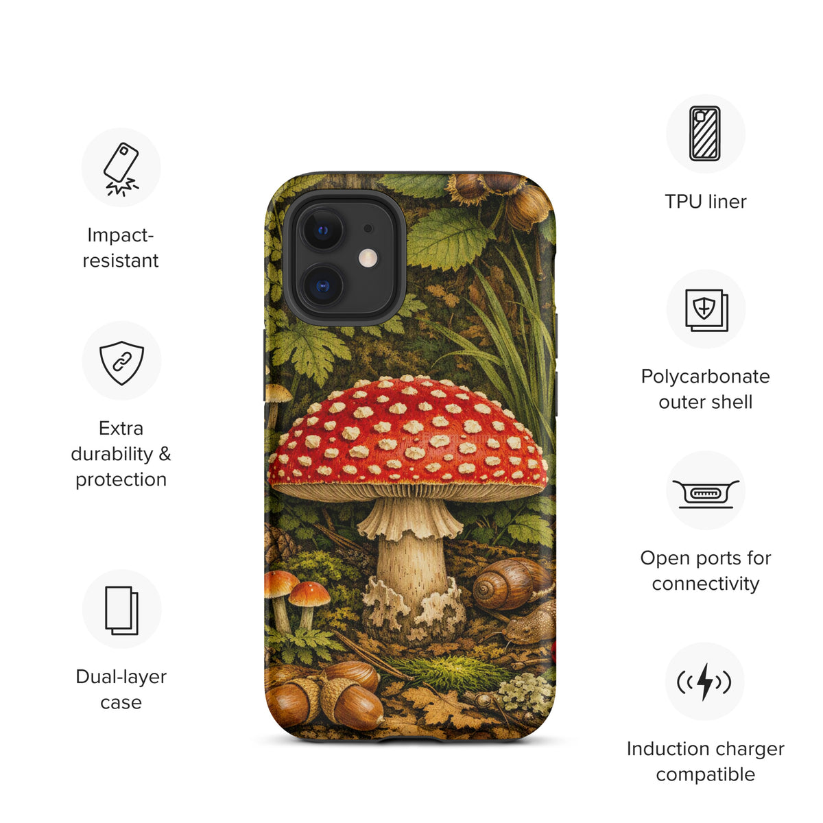 Phone Case featuring Amanita muscaria mushroom with lush forest design for iPhone, impact-resistant and durable.