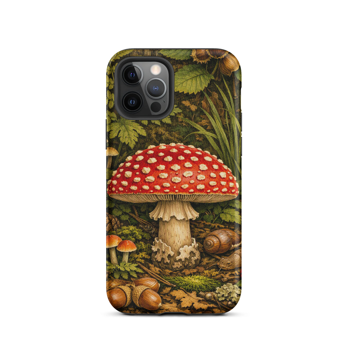 Phone Case featuring Amanita muscaria mushroom in lush forest design for iPhone, showcasing vibrant colors and detailed illustration.