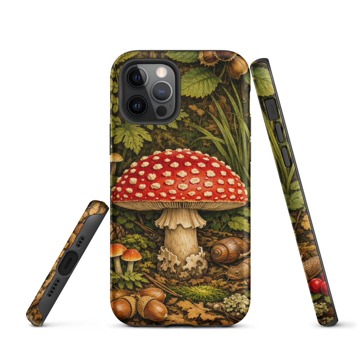 Phone Case with Amanita muscaria mushroom design in lush forest setting for iPhone; vivid scarlet cap and white spots