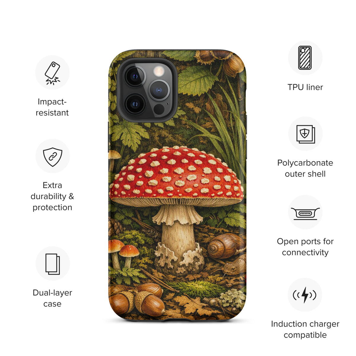 Phone Case for iPhone featuring Amanita muscaria mushroom in lush forest design, impact-resistant and dual-layer protection.