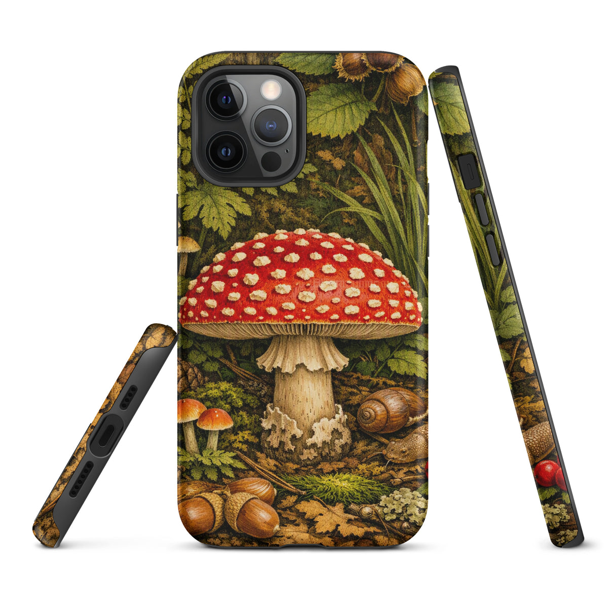 Phone Case for iPhone with Amanita muscaria mushroom design in lush forest theme, featuring detailed scarlet cap and white spots.