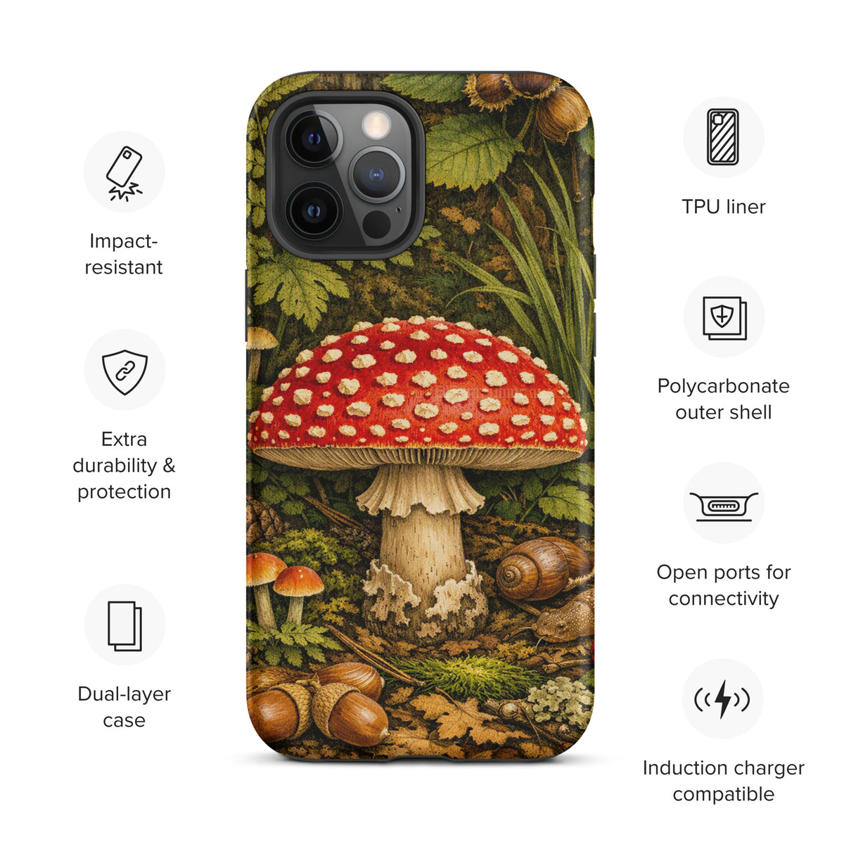 Phone Case for iPhone featuring Amanita muscaria mushroom in lush forest design, impact-resistant and induction charger compatible