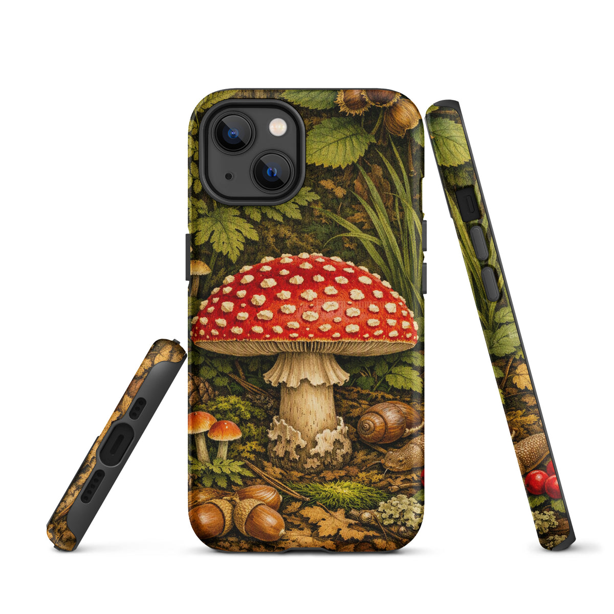 Phone Case for iPhone with Amanita muscaria mushroom design in a lush forest setting, featuring vivid colors and detailed illustration.