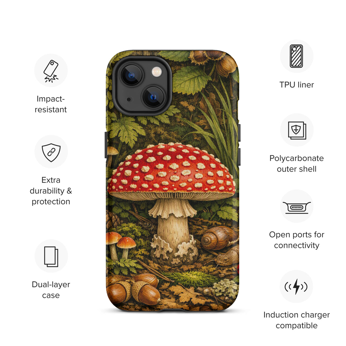 Phone Case with Amanita muscaria mushroom design for iPhone, featuring vivid forest imagery and impact-resistant protection.