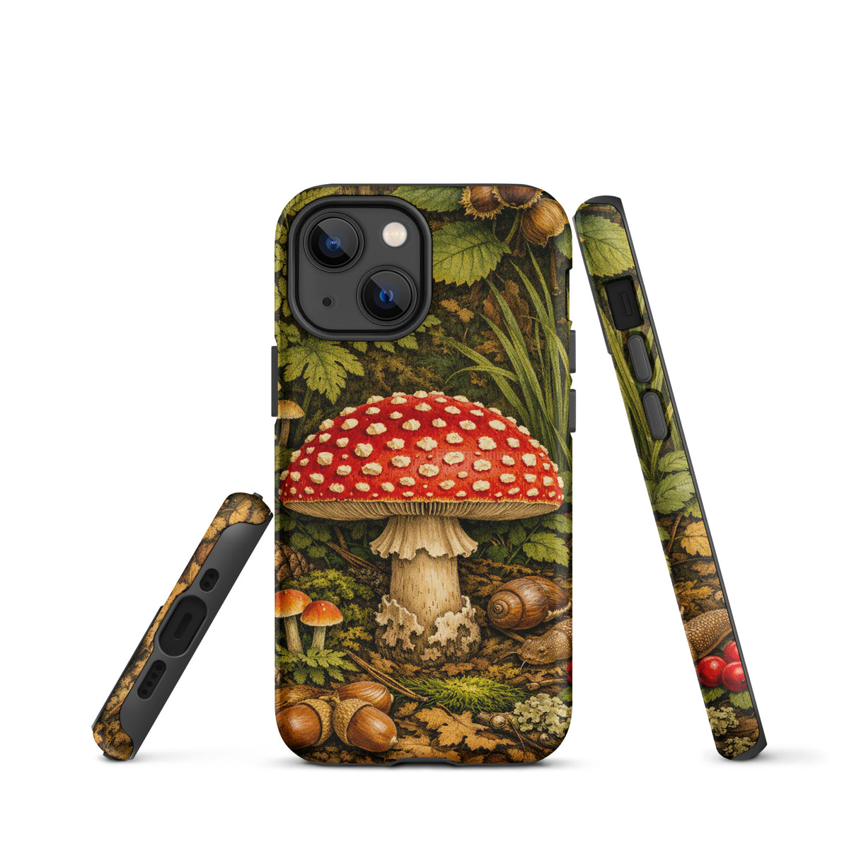 Phone Case with Amanita muscaria mushroom design, lush forest theme for iPhone, vibrant colors, protective cover, nature-inspired accessory.