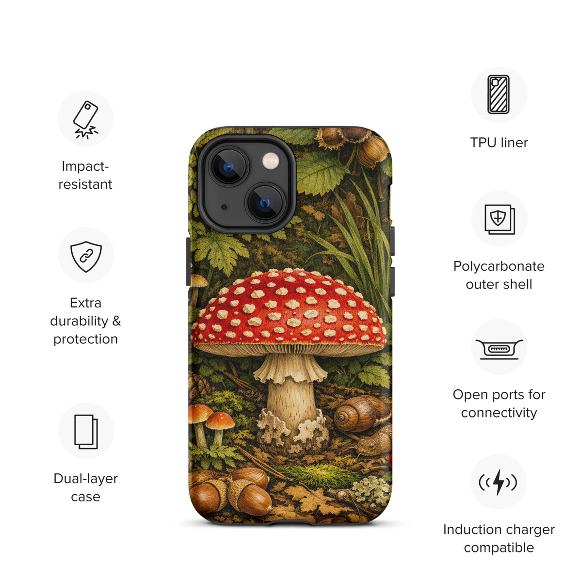 Phone Case for iPhone featuring Amanita muscaria mushroom design in a lush forest setting, showcasing vivid colors and durable protection.