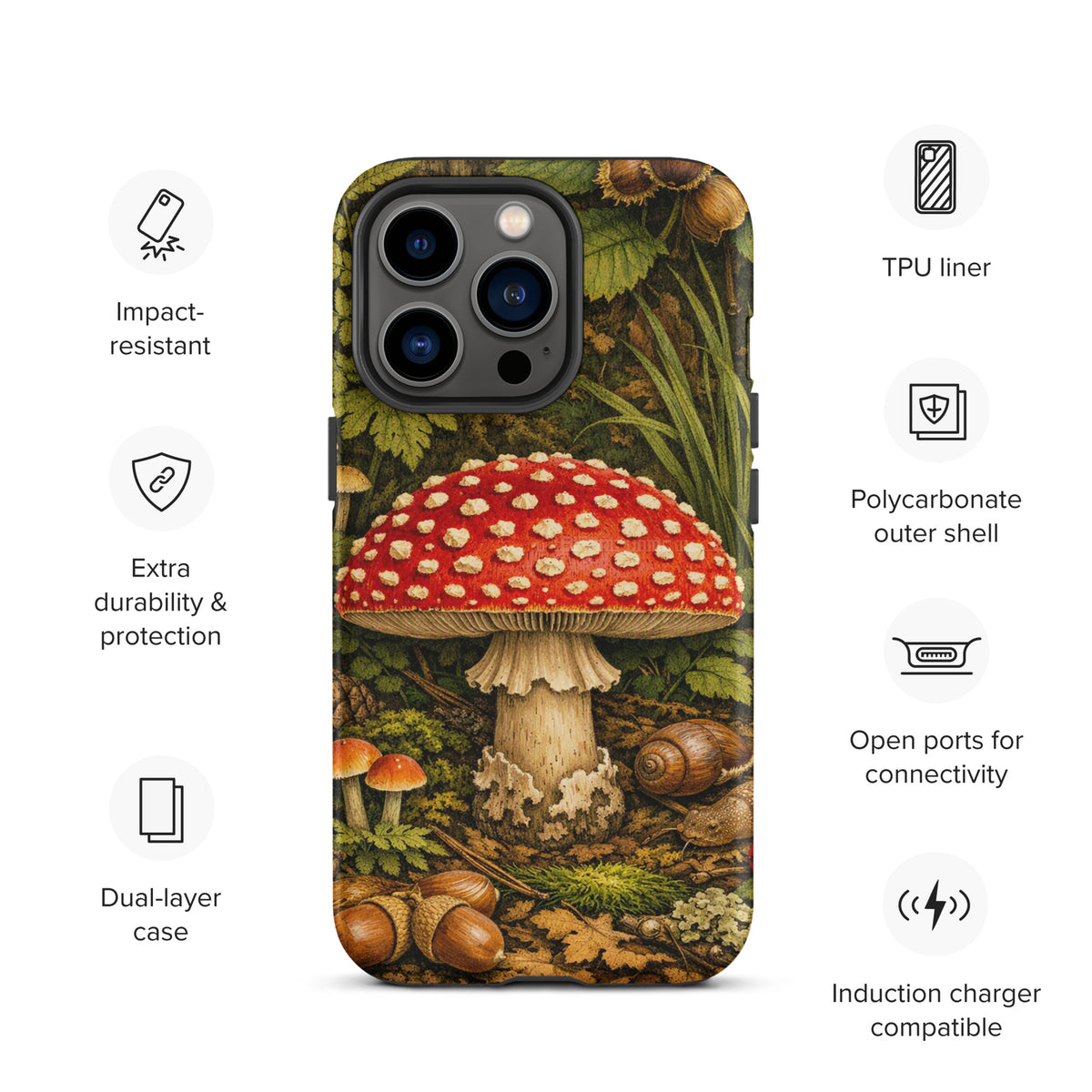 Phone Case featuring Amanita muscaria mushroom design, impact-resistant, dual-layer protection, compatible with induction chargers.