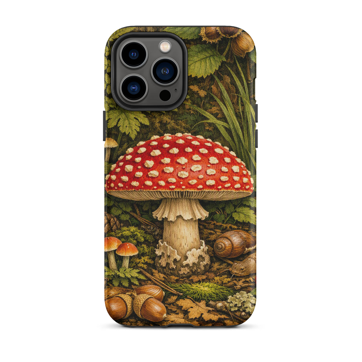 Phone Case featuring Amanita muscaria mushroom design set in a lush forest background