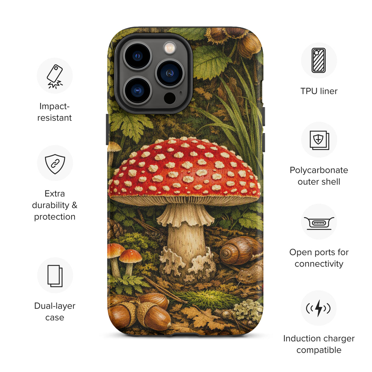 Phone Case for iPhone featuring Amanita muscaria mushroom in lush forest design, impact-resistant and induction charger compatible.