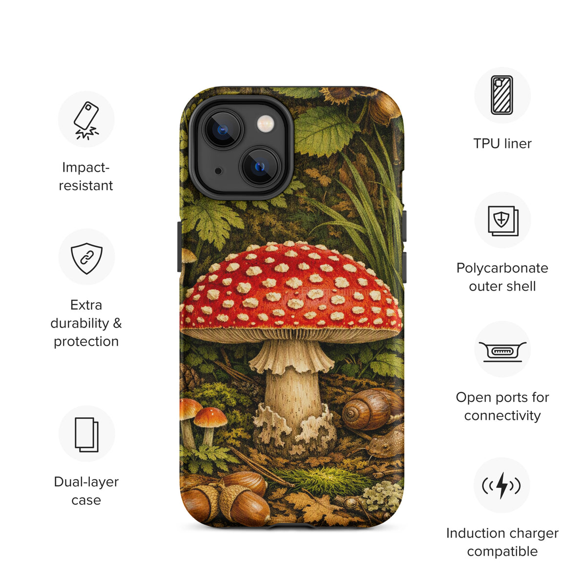 Phone Case featuring Amanita muscaria mushroom with a scarlet cap, lush forest design, durable dual-layer protection for iPhone.