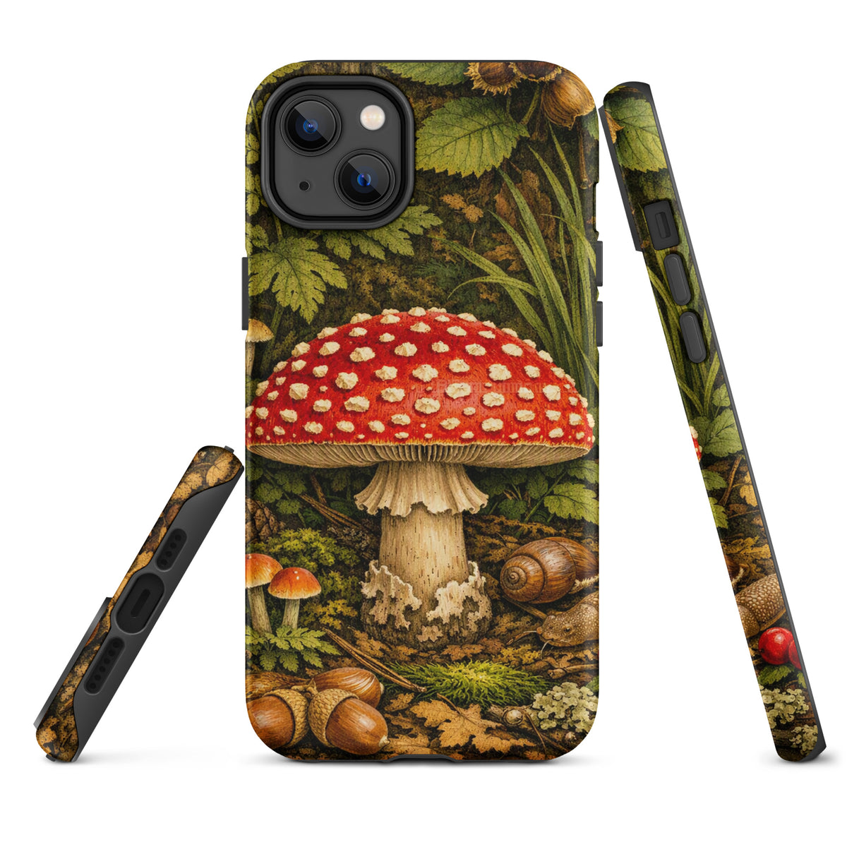 Phone Case featuring Amanita muscaria mushroom design in lush forest setting, perfect for adding a touch of nature to your iPhone.