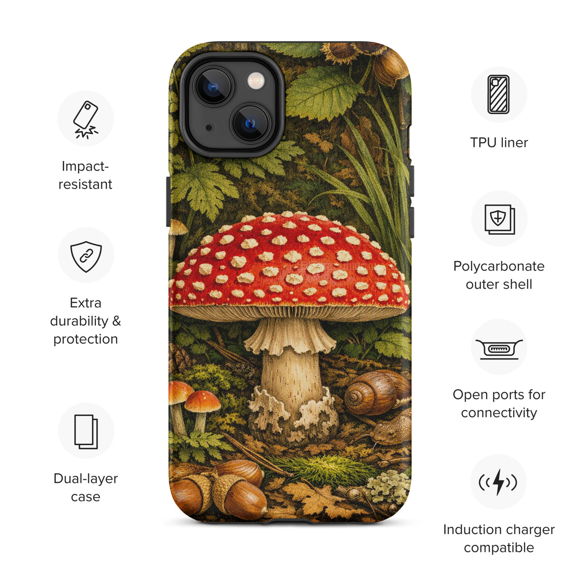Phone Case for iPhone featuring Amanita muscaria mushroom design set in lush forest, showcasing vibrant red cap with white spots.